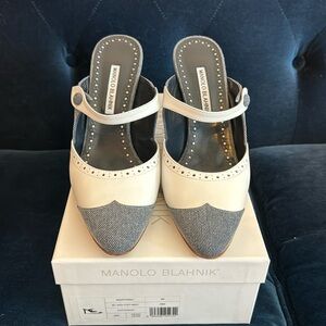 Manolo Blahnik Denim heeled mule.  EUC- comes with box & 2 dust bags.